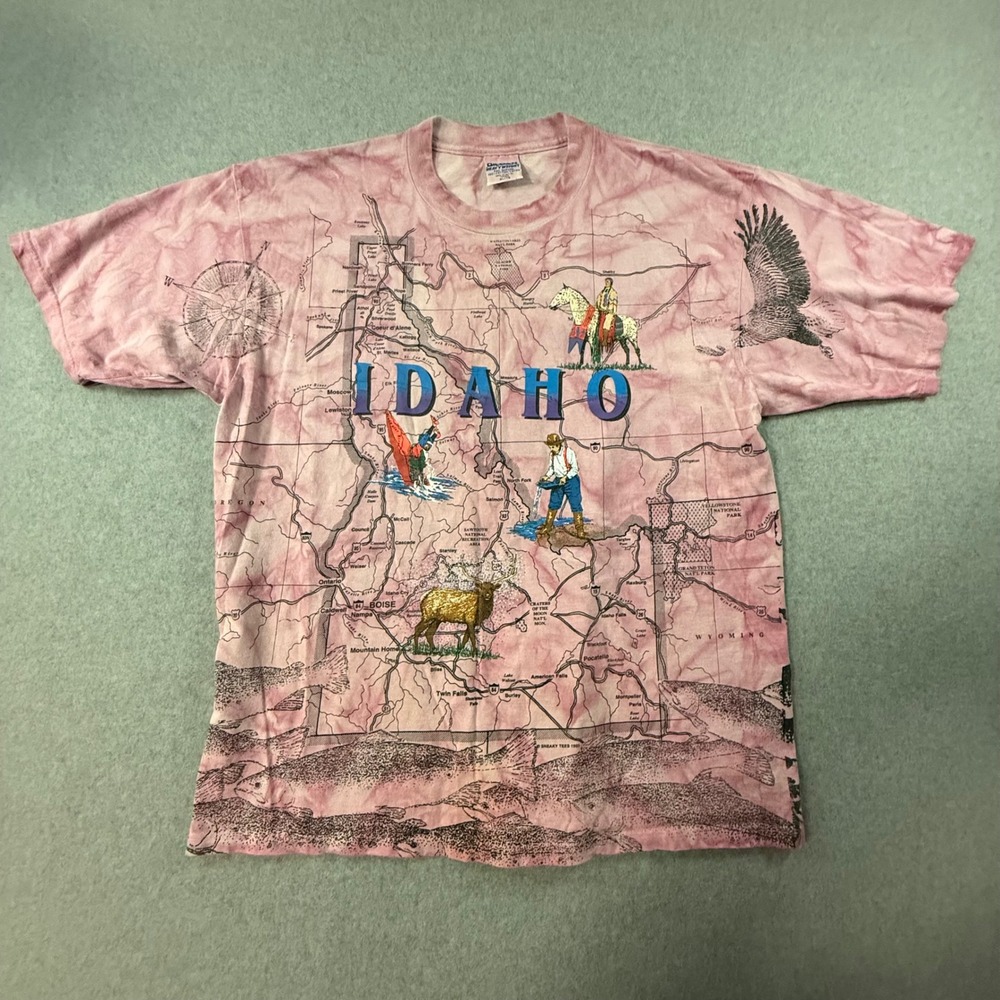 Vintage Gildan Idaho State Map All Over Print Tie Dye T-Shirt Pink XL Mens